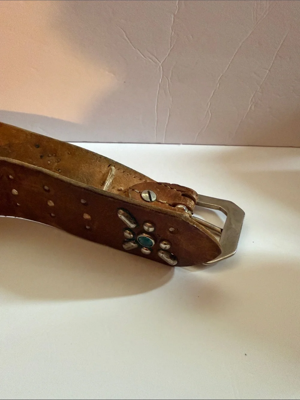 Vintage Brown Leather Belt 2” Studded NEW YORK Turquoise Western Y2K 38”